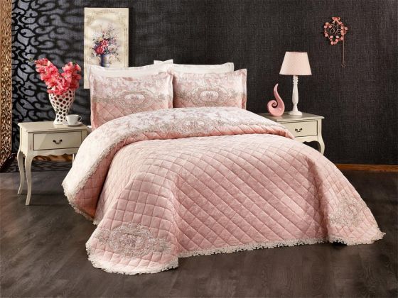 Boutique French Guipureed Velvet Dowry Bedspread Powder