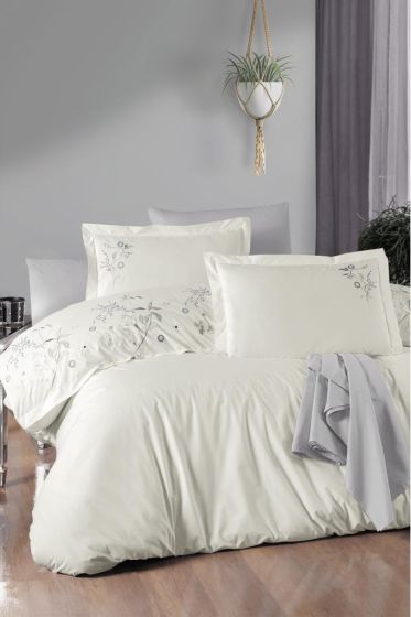 Brezza Embroidered 100% Cotton Duvet Cover Set, Duvet Cover 200x220, Sheet 240x260, Double Size, Full Size Ecru