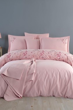 Brezza Embroidered 100% Cotton Duvet Cover Set, Duvet Cover 200x220, Sheet 240x260, Double Size, Full Size Pink - Thumbnail