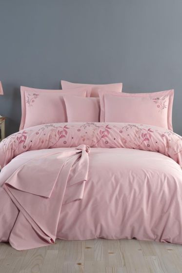 Brezza Embroidered 100% Cotton Duvet Cover Set, Duvet Cover 200x220, Sheet 240x260, Double Size, Full Size Pink