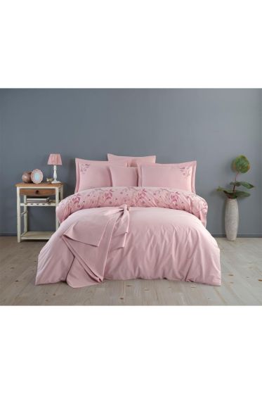 Brezza Embroidered 100% Cotton Duvet Cover Set, Duvet Cover 200x220, Sheet 240x260, Double Size, Full Size Pink