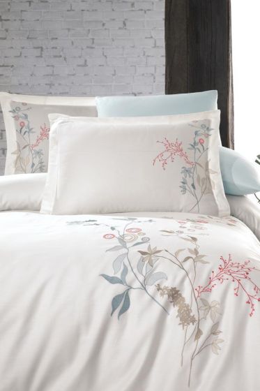 Brezza Embroidered 100% Cotton Sateen, Duvet Cover Set, Duvet Cover 200x220, Sheet 240x260, Double Size, Full Size Cream