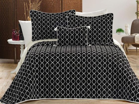 Brillance Quilted Bedding Set 4 Pcs, Bedspread 250x250, Pillowcase 50x70, Double Size, Velvet, Wedding, Black Cream