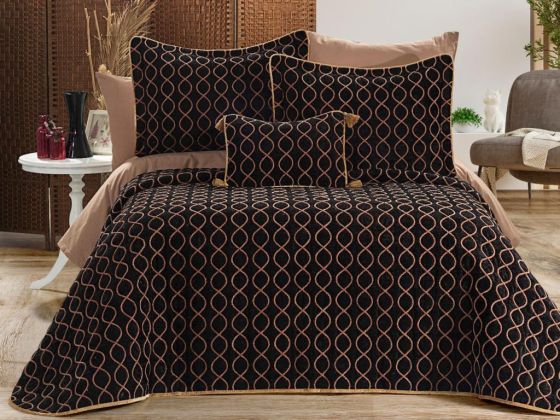 Brillance Quilted Bedding Set 4 Pcs, Bedspread 250x250, Pillowcase 50x70, Double Size, Velvet, Wedding, Black Gold