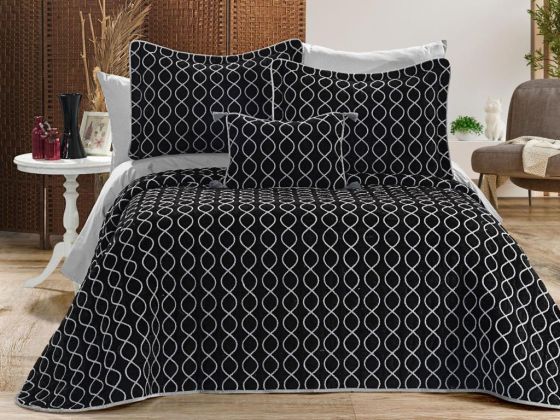 Brillance Quilted Bedding Set 4 Pcs, Bedspread 250x250, Pillowcase 50x70, Double Size, Velvet, Wedding, Black Grey