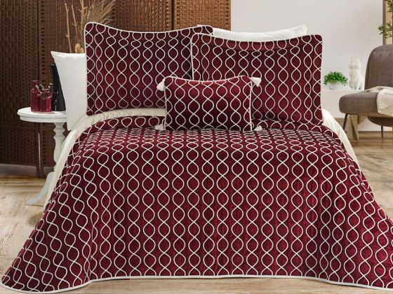 Brillance Quilted Bedding Set 4 Pcs, Bedspread 250x250, Pillowcase 50x70, Double Size, Velvet, Wedding, Burgundy