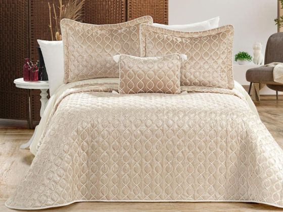 Brillance Quilted Bedding Set 4 Pcs, Bedspread 250x250, Pillowcase 50x70, Double Size, Velvet, Wedding, Cappucino