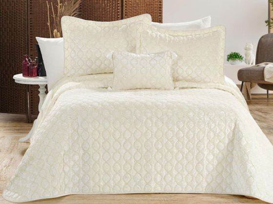 Brillance Quilted Bedding Set 4 Pcs, Bedspread 250x250, Pillowcase 50x70, Double Size, Velvet, Wedding, Cream