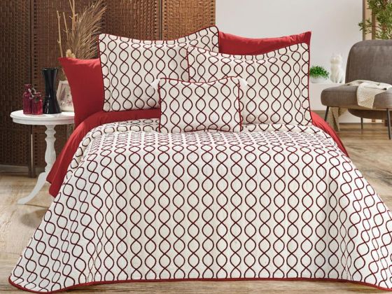 Brillance Quilted Bedding Set 4 Pcs, Bedspread 250x250, Pillowcase 50x70, Double Size, Velvet, Wedding, Cream Burgundy