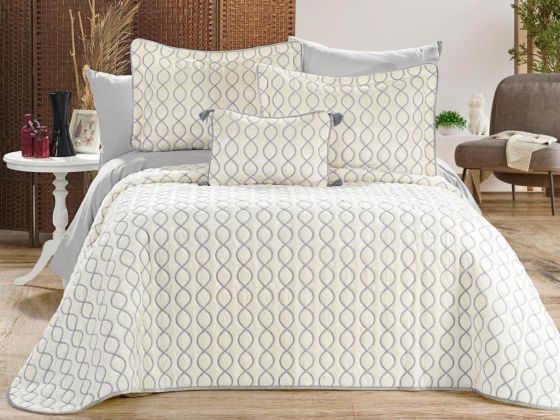 Brillance Quilted Bedding Set 4 Pcs, Bedspread 250x250, Pillowcase 50x70, Double Size, Velvet, Wedding, Cream Grey