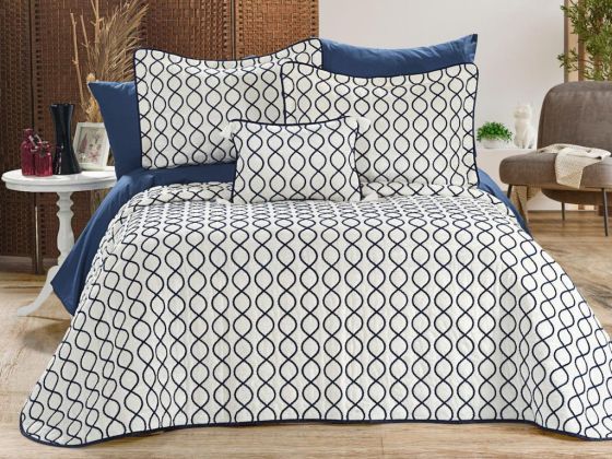 Brillance Quilted Bedding Set 4 Pcs, Bedspread 250x250, Pillowcase 50x70, Double Size, Velvet, Wedding, Cream Navy Blue