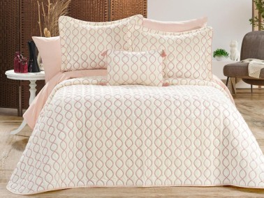 Çeyiz Diyarı - Brillance Quilted Bedding Set 4 Pcs, Bedspread 250x250, Pillowcase 50x70, Double Size, Velvet, Wedding, Cream Pink Çeyiz Diyarı - Brillance Quilted Bedding Set 4 Pcs, Bedspread 250x250, Pillowcase 50x70, Double Size, Velvet, Wedding, Cream Pink