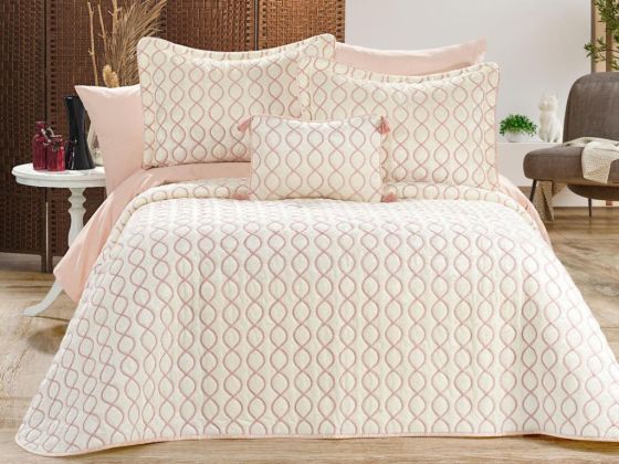 Brillance Quilted Bedding Set 4 Pcs, Bedspread 250x250, Pillowcase 50x70, Double Size, Velvet, Wedding, Cream Pink