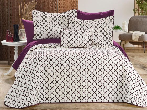 Brillance Quilted Bedding Set 4 Pcs, Bedspread 250x250, Pillowcase 50x70, Double Size, Velvet, Wedding, Cream Plum