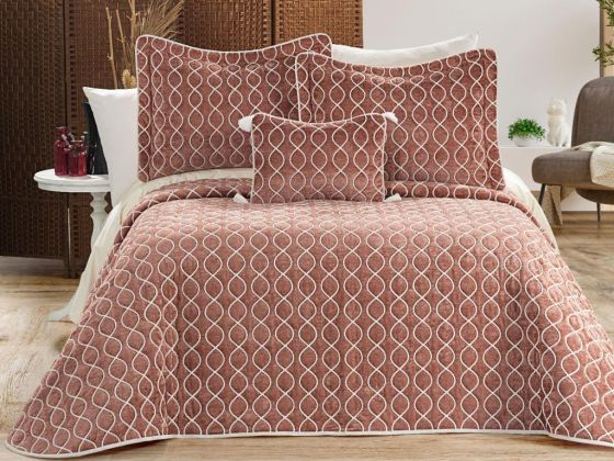 Brillance Quilted Bedding Set 4 Pcs, Bedspread 250x250, Pillowcase 50x70, Double Size, Velvet, Wedding, Dry Rose