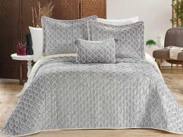 Çeyiz Diyarı - Brillance Quilted Bedding Set 4 Pcs, Bedspread 250x250, Pillowcase 50x70, Double Size, Velvet, Wedding, Grey Çeyiz Diyarı - Brillance Quilted Bedding Set 4 Pcs, Bedspread 250x250, Pillowcase 50x70, Double Size, Velvet, Wedding, Grey