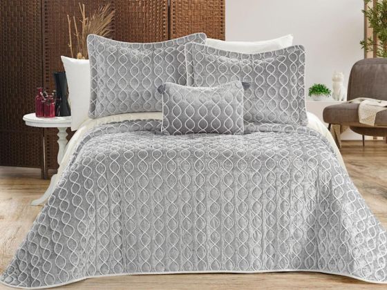 Brillance Quilted Bedding Set 4 Pcs, Bedspread 250x250, Pillowcase 50x70, Double Size, Velvet, Wedding, Grey