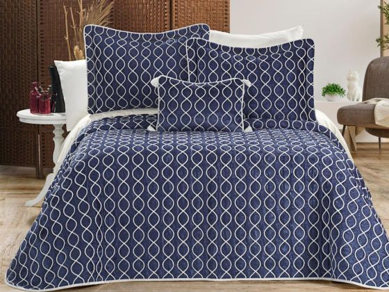 Brillance Quilted Bedding Set 4 Pcs, Bedspread 250x250, Pillowcase 50x70, Double Size, Velvet, Wedding, Indigo