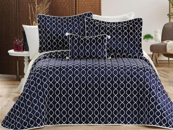 Brillance Quilted Bedding Set 4 Pcs, Bedspread 250x250, Pillowcase 50x70, Double Size, Velvet, Wedding, Navy Blue