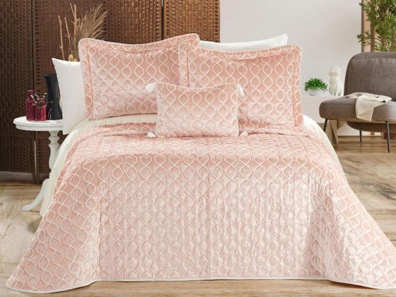 Brillance Quilted Bedding Set 4 Pcs, Bedspread 250x250, Pillowcase 50x70, Double Size, Velvet, Wedding, Pink