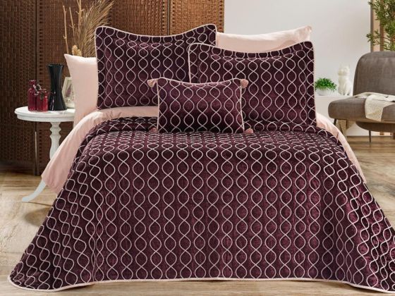 Brillance Quilted Bedding Set 4 Pcs, Bedspread 250x250, Pillowcase 50x70, Double Size, Velvet, Wedding, Plum Pink