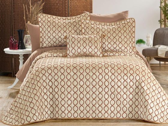 Brillance Quilted Bedding Set 4 Pcs, Bedspread 250x250, Pillowcase 50x70, Double Size, Velvet, Wedding, Stone