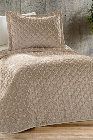 Brillance Quilted Bedspread Set 2 pcs, Coverlet 180x240, Pillowcase 50x70, Soft Velvet Fabric, Queen Size, Cappucino
