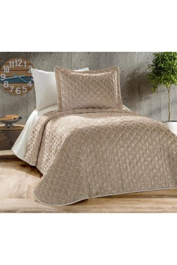 Brillance Quilted Bedspread Set 2 pcs, Coverlet 180x240, Pillowcase 50x70, Soft Velvet Fabric, Queen Size, Cappucino - Thumbnail