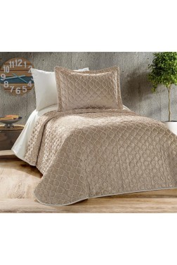 Brillance Quilted Bedspread Set 2 pcs, Coverlet 180x240, Pillowcase 50x70, Soft Velvet Fabric, Queen Size, Cappucino - Thumbnail