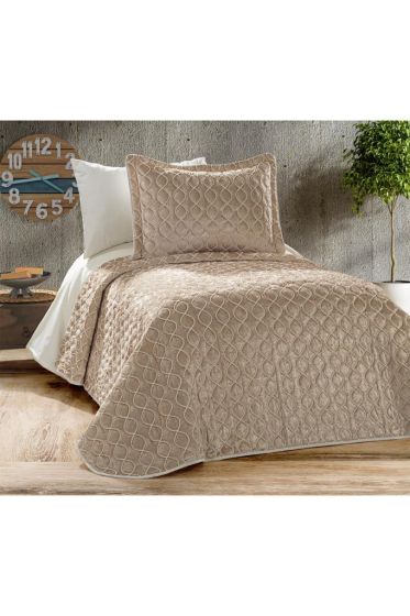 Brillance Quilted Bedspread Set 2 pcs, Coverlet 180x240, Pillowcase 50x70, Soft Velvet Fabric, Queen Size, Cappucino