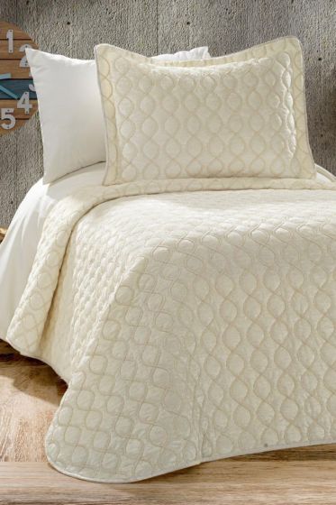 Brillance Quilted Bedspread Set 2 pcs, Coverlet 180x240, Pillowcase 50x70, Soft Velvet Fabric, Queen Size, Cream