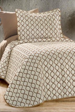 Brillance Quilted Bedspread Set 2 pcs, Coverlet 180x240, Pillowcase 50x70, Soft Velvet Fabric, Queen Size, Cream - Gold - Thumbnail