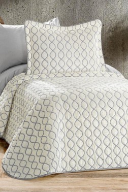 Brillance Quilted Bedspread Set 2 pcs, Coverlet 180x240, Pillowcase 50x70, Soft Velvet Fabric, Queen Size, Cream - Gray - Thumbnail