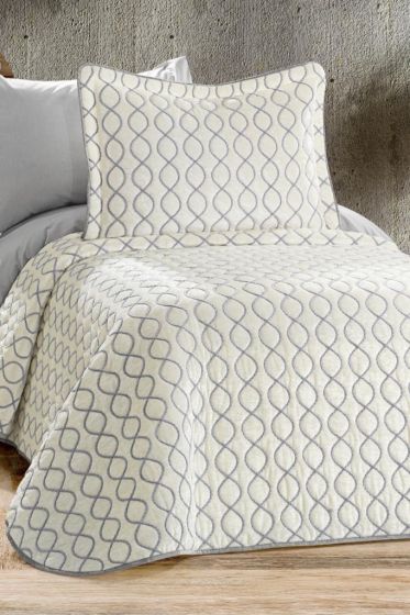 Brillance Quilted Bedspread Set 2 pcs, Coverlet 180x240, Pillowcase 50x70, Soft Velvet Fabric, Queen Size, Cream - Gray