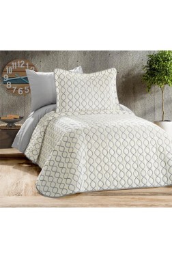 Brillance Quilted Bedspread Set 2 pcs, Coverlet 180x240, Pillowcase 50x70, Soft Velvet Fabric, Queen Size, Cream - Gray - Thumbnail