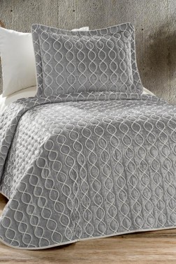 Brillance Quilted Bedspread Set 2 pcs, Coverlet 180x240, Pillowcase 50x70, Soft Velvet Fabric, Queen Size, Gray - Thumbnail