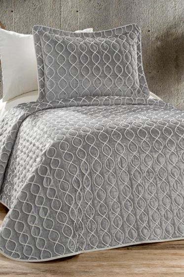 Brillance Quilted Bedspread Set 2 pcs, Coverlet 180x240, Pillowcase 50x70, Soft Velvet Fabric, Queen Size, Gray