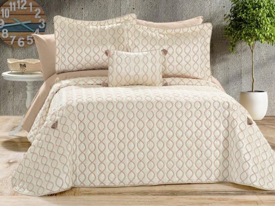 Brillance Quilted Bedspread Set 4 pcs, Coverlet 250x250, Pillowcase 50x70, Cushion Cover 35x50 Cream Cappucino