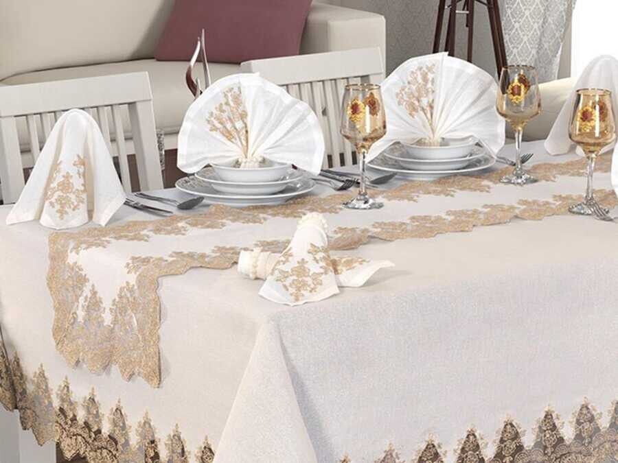 Buda Linen Table Cloth Set 26 Pieces Cream Copper - Thumbnail