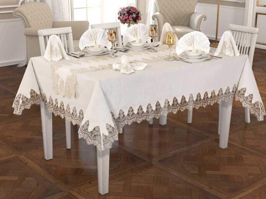 Buda Linen Table Cloth Set 26 Pieces Cream Gold