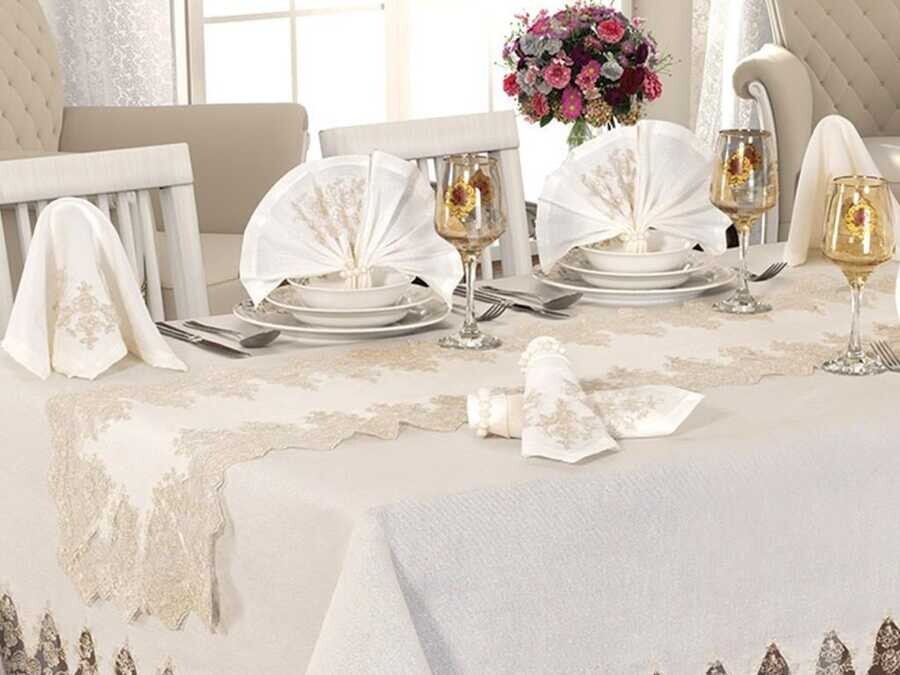 Buda Linen Table Cloth Set 26 Pieces Cream Gold - Thumbnail