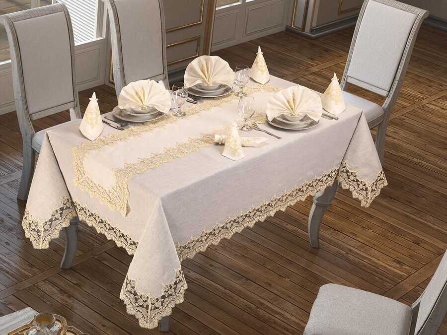 Dowry World - Buda Linen Tablecloth Set 26 Pieces Cream Mustard Dowry World - Buda Linen Tablecloth Set 26 Pieces Cream Mustard
