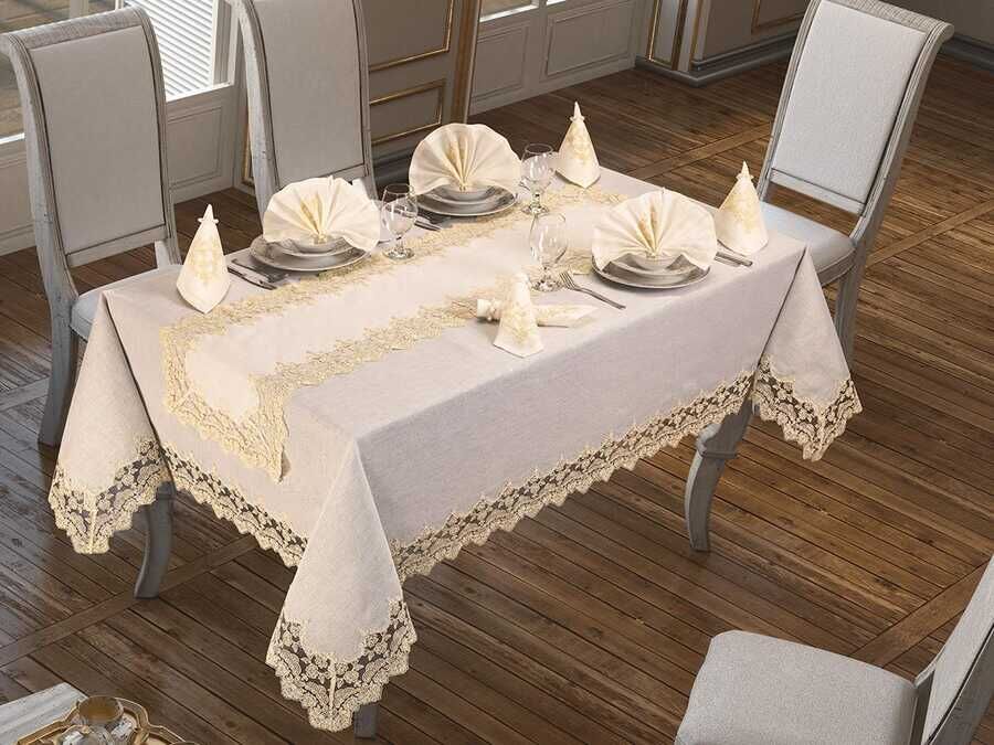  Buda Linen Tablecloth Set 26 Pieces Cream Mustard
