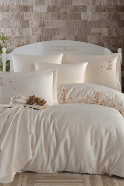 Dowry World - Buena Embroidered 100% Cotton Sateen, Duvet Cover Set, Duvet Cover 200x220, Sheet 240x260, Double Size, Full Size Champagne Dowry World - Buena Embroidered 100% Cotton Sateen, Duvet Cover Set, Duvet Cover 200x220, Sheet 240x260, Double Size, Full Size Champagne