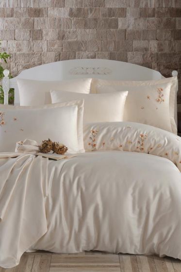 Buena Embroidered 100% Cotton Sateen, Duvet Cover Set, Duvet Cover 200x220, Sheet 240x260, Double Size, Full Size Champagne