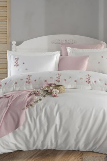 Buena Embroidered 100% Cotton Sateen, Duvet Cover Set, Duvet Cover 200x220, Sheet 240x260, Double Size, Full Size Ekru