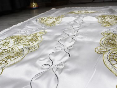 Buğlem Embroidered Luxury Satin Prayer's Rug - Gold - Thumbnail