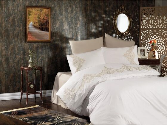 Burçak Embroidered Duvet Cover Set Beige