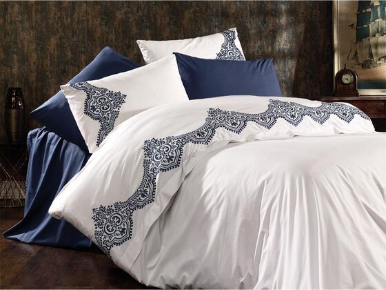 Burçak Embroidered Duvet Cover Set Petrol Blue