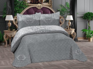 Butik Velvet Bedspread Set, Coverlet 270x265, Pillowcase 50x70, Gray - Thumbnail